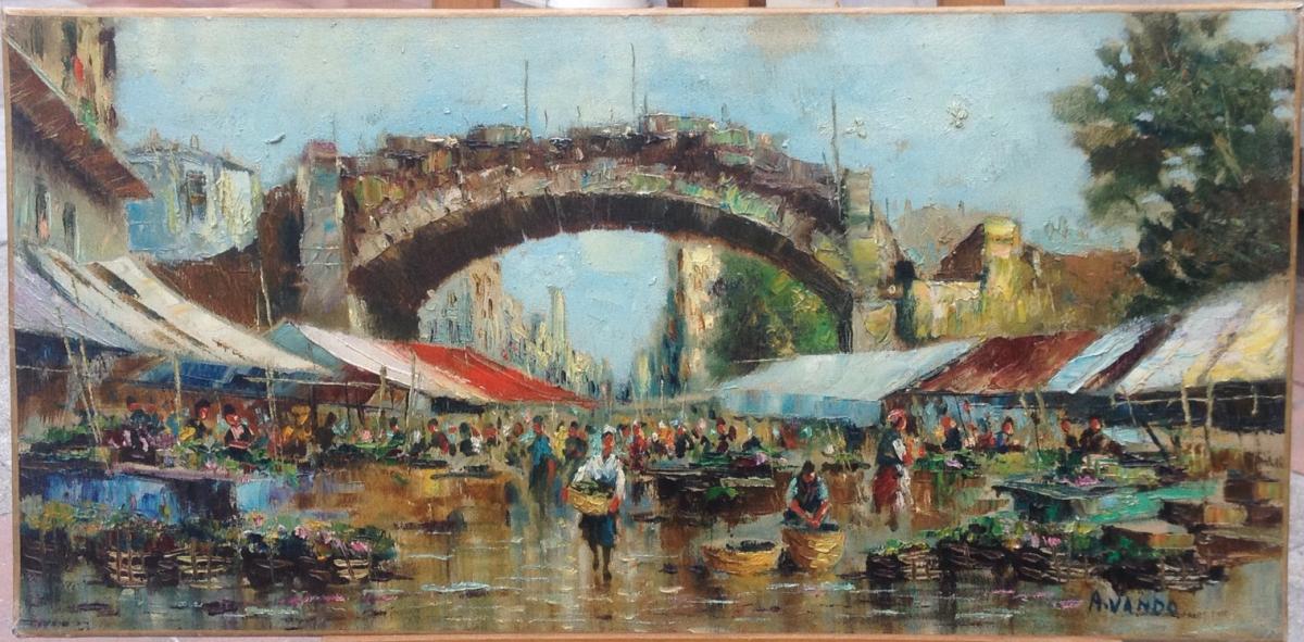 Acerbi Vando, Flower Market In Naples, Oil On Canvas, 39 X 79 Cm