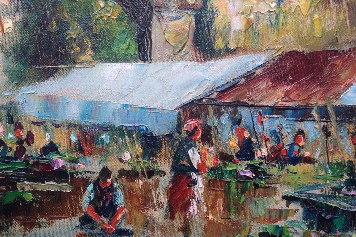 Acerbi Vando, Marché Aux Fleurs à Naples, Huile Sur Toile, 39 X 79 Cm-photo-3