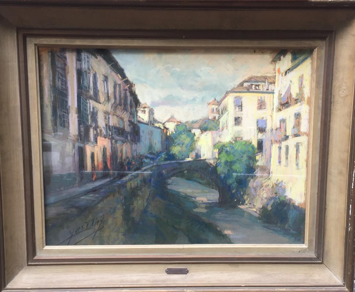 Yves Diey, l'Entrée Du Paillon à Nice, Pastel, 46 X 61 Cm