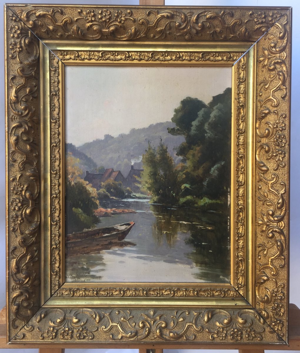 Charles Hallé, Riverside, Oil On Wood, 40 X 48 Cm