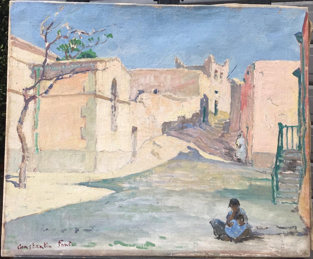 Constantin Font, Rue De Sidi Bou Said, Oil On Canvas, 46 X 55 Cm, Signed