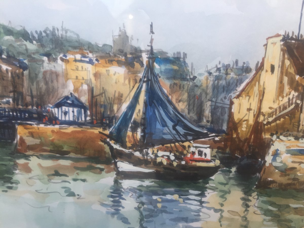 Robert L.P. Lavoine, Port d'Honfleur, aquarelle, 51 x 65 cm-photo-1