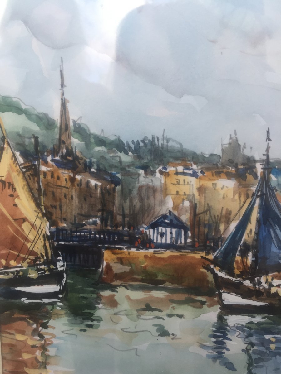 Robert L.P. Lavoine, Port d'Honfleur, aquarelle, 51 x 65 cm-photo-2