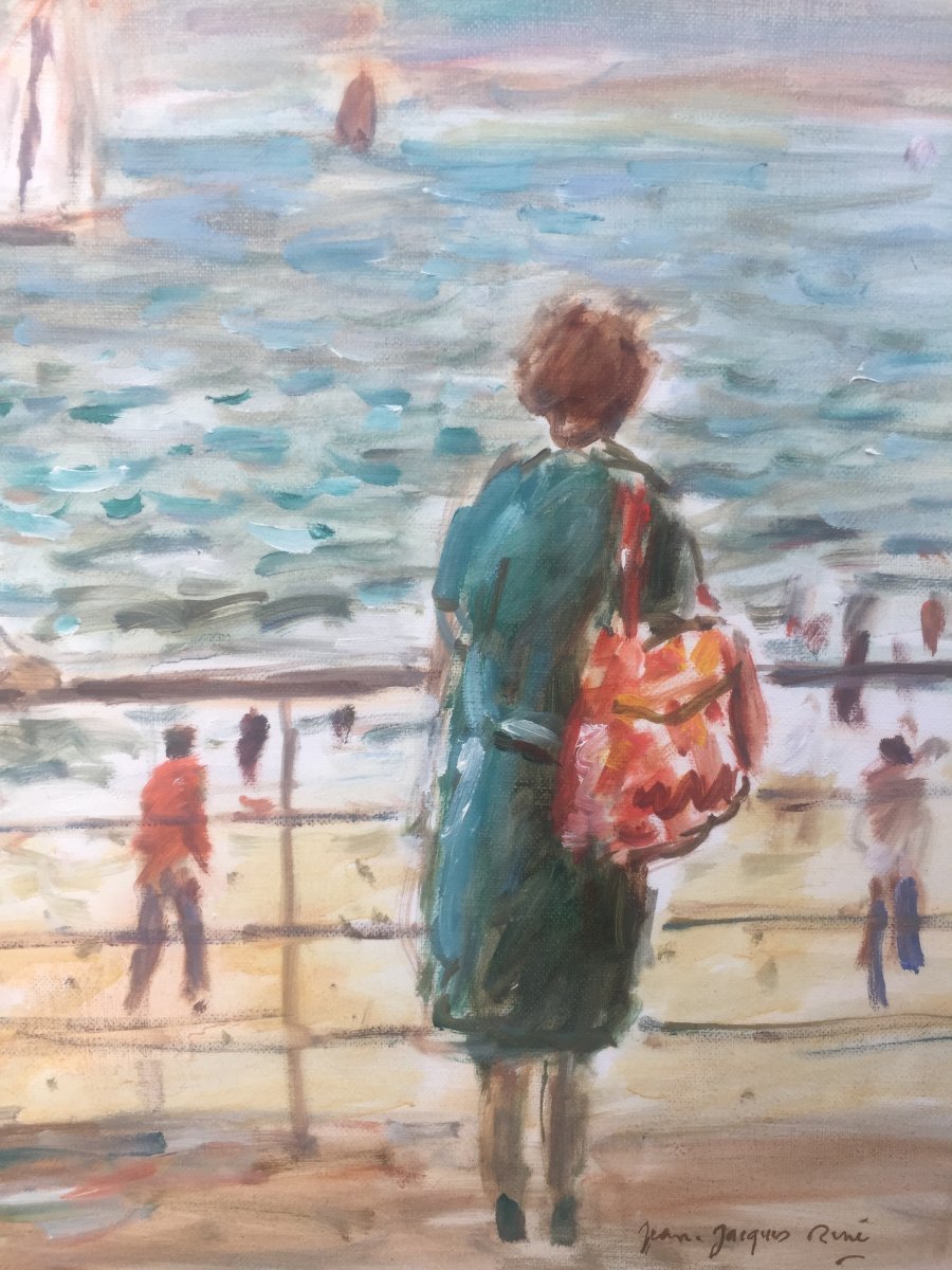 Jean-jacques René, Scène De Plage Normande, Oil On Canvas, 45 X 55 Cm-photo-4