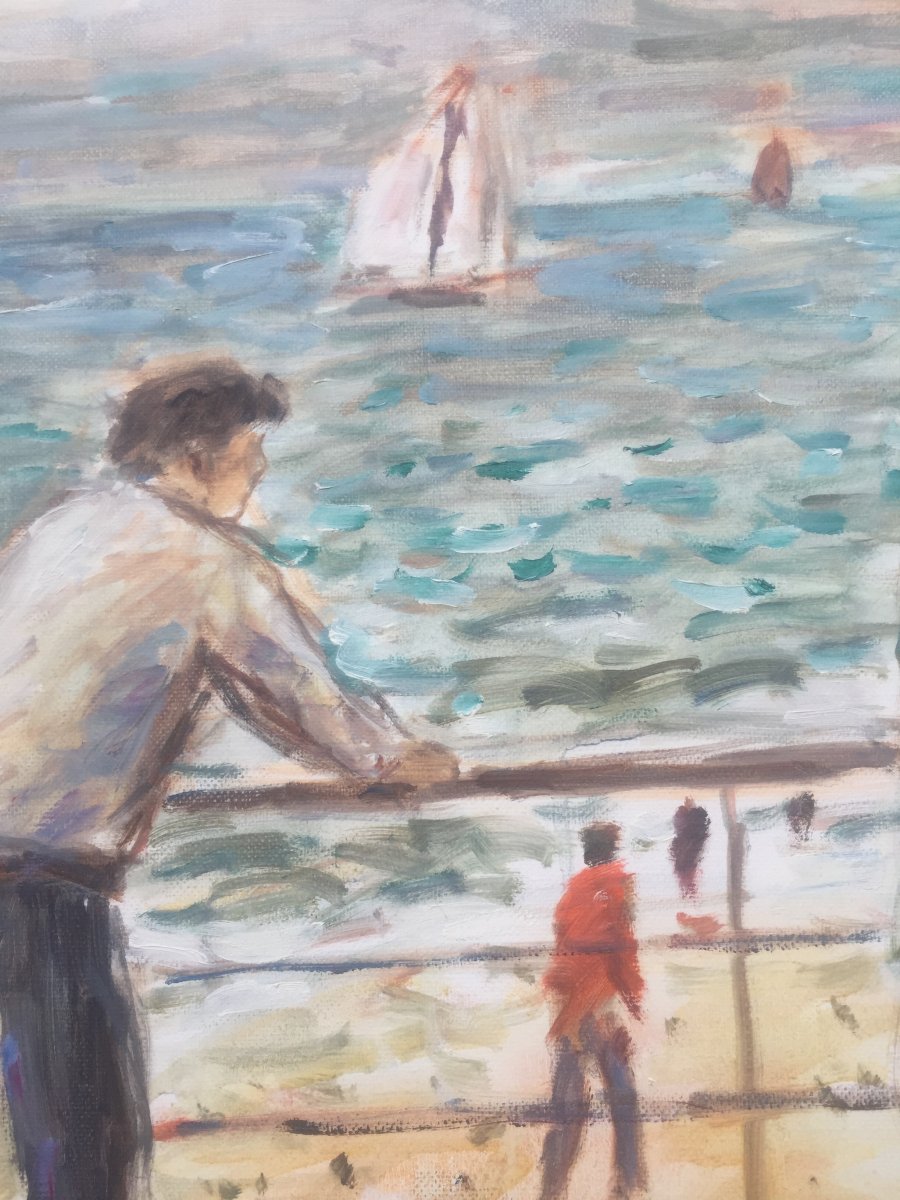 Jean-Jacques René, Scène de plage normande, huile sur toile, 45 x 55 cm-photo-2