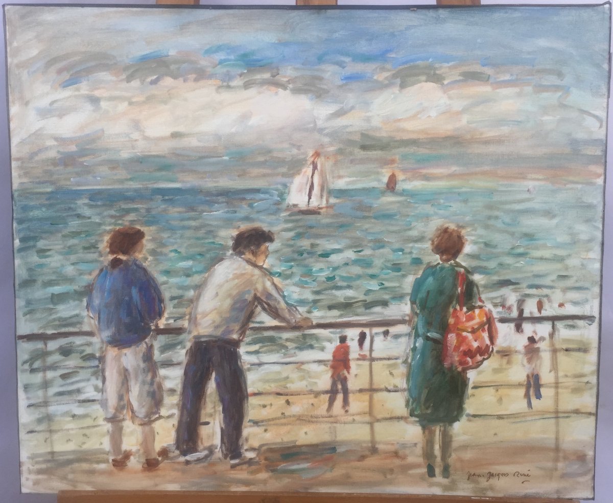 Jean-jacques René, Scène De Plage Normande, Oil On Canvas, 45 X 55 Cm