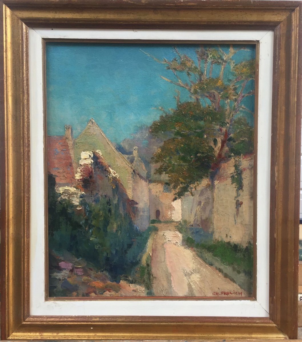 Charles Frolich, Village, huile sur toile, 45 x 52 cm