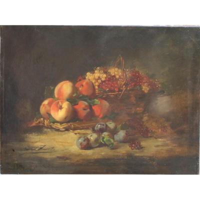 Arthur Alfred Brunel De Neuville, Still Life With Fruits, Oil On Canvas, 65 X 49 Cm, Signed