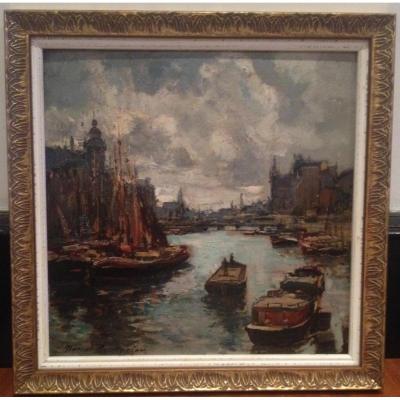 Parturier Marcel, Port De Rotterdam, Huile Sur Carton, 36 X 36 Cm, Signé