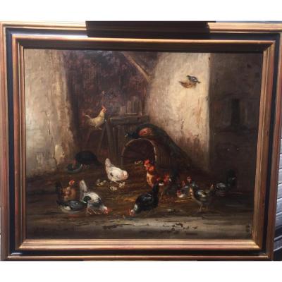 Claude Guillemimet, Gallinacés, Huile Sur Toile, 68 X 79 Cm