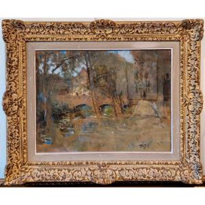 Pierre Eugène MONTEZIN ( 1874-1946 ) Grande gouache paysage.