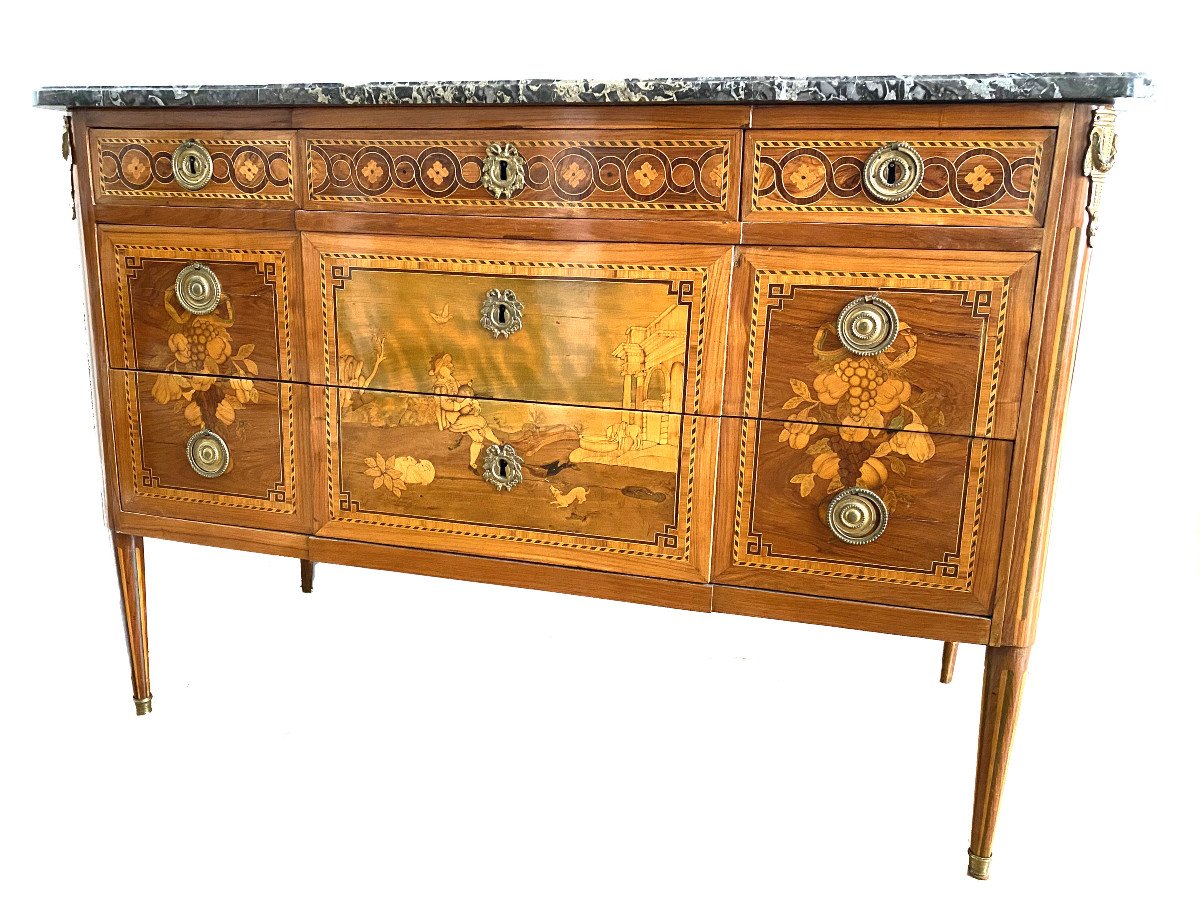 A Louis XVI Commode, Inlaid With A Musician In Landscape Stamped Guignard-photo-1