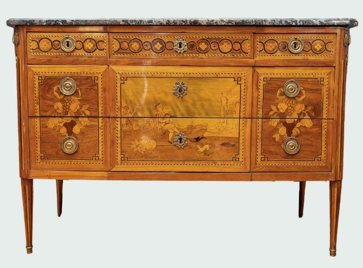 A Louis XVI Commode, Inlaid With A Musician In Landscape Stamped Guignard