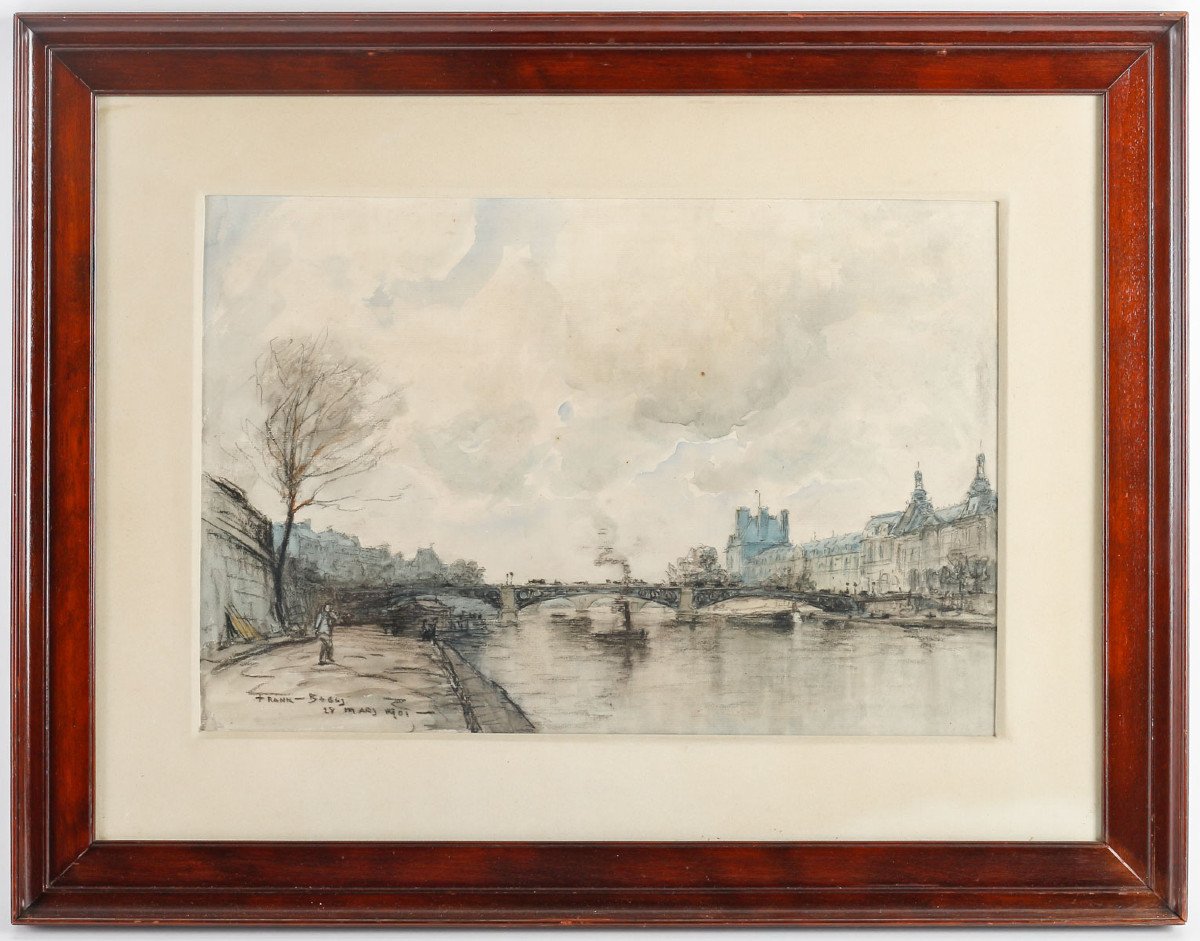 A Watercolor View Of Paris The Quays Of The Seine Signed Frank-boggs