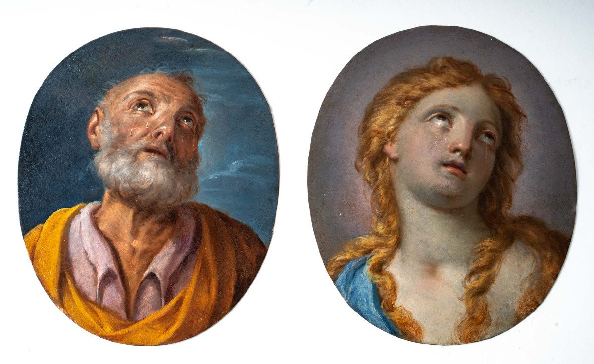 Paire De Peintures Sur Cuivre Saint Pierre Et Matrie Madeleine  Italie Vers 1700