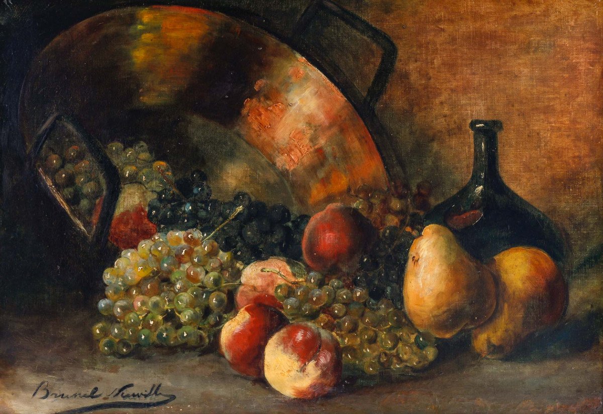 Oil On Canvas Still Life With Basin And Grapes Signed Brunel Neuville-photo-2