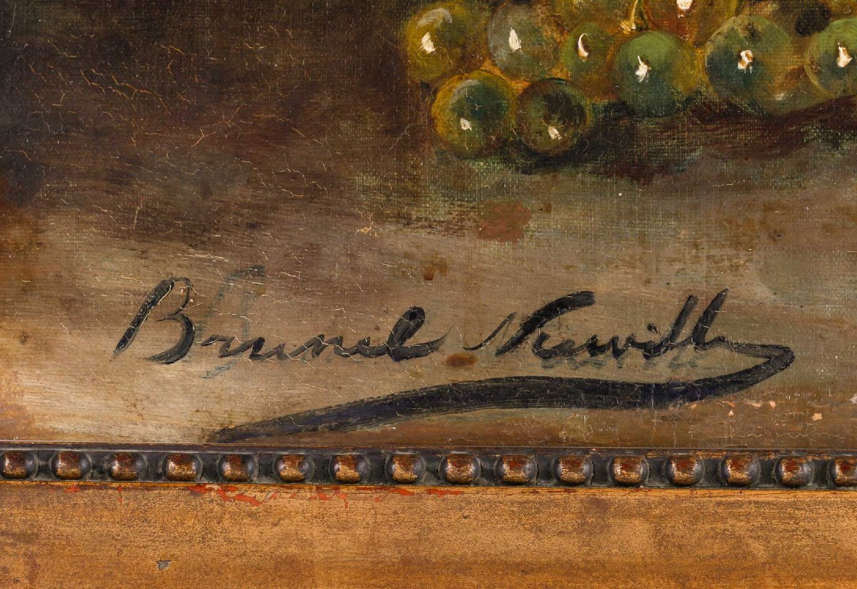 Oil On Canvas Still Life With Basin And Grapes Signed Brunel Neuville-photo-1