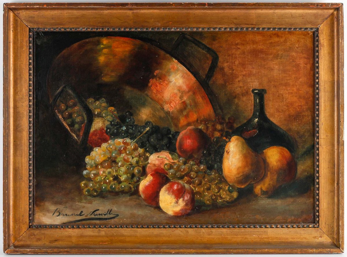 Oil On Canvas Still Life With Basin And Grapes Signed Brunel Neuville