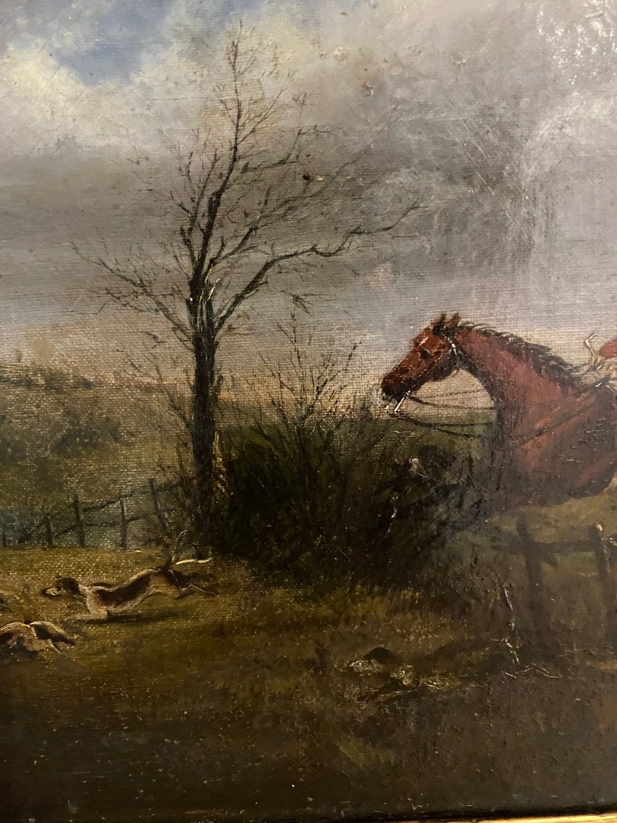 Pair Of Oils On Canvas Hare Hunting On Horseback In England 19th-photo-4