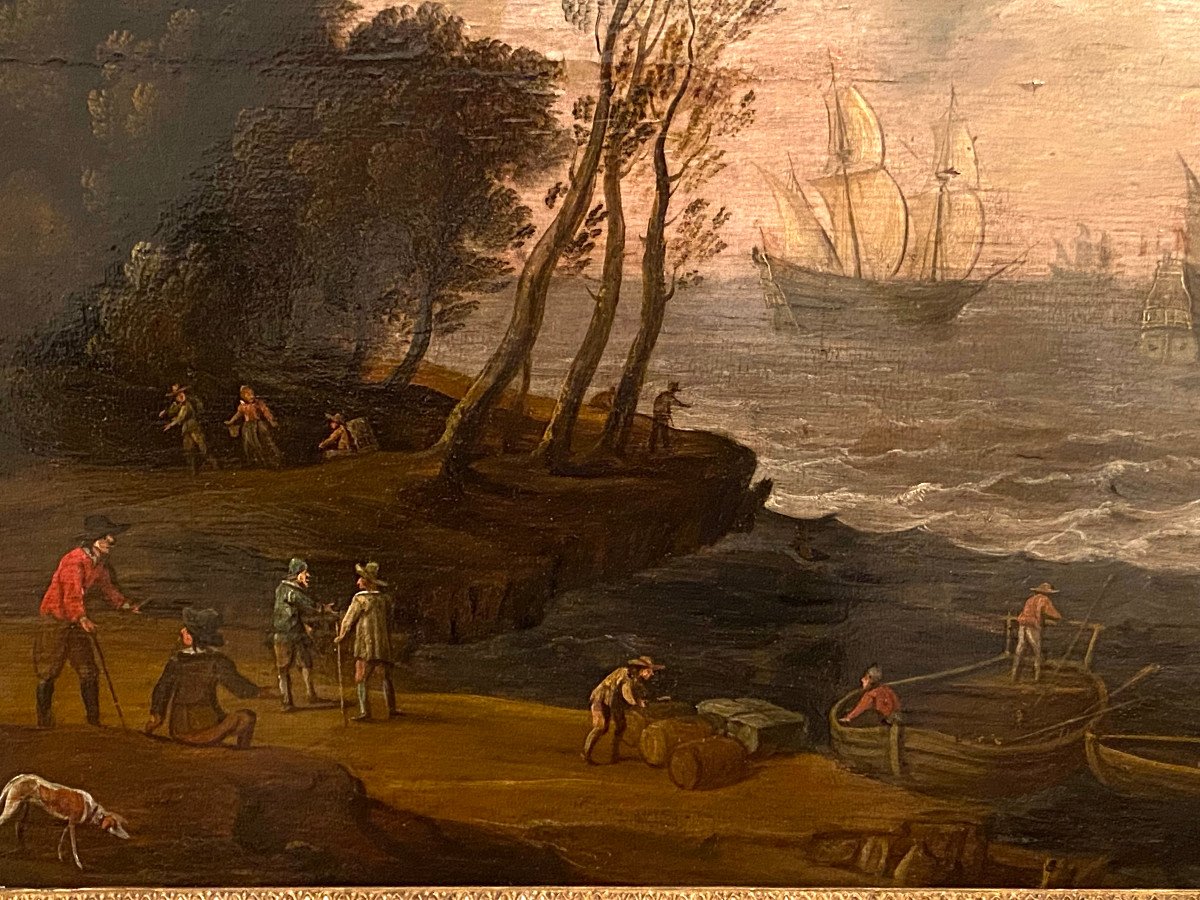 Loading Boats Oil On Panel Holland 17 Eme Century-photo-2