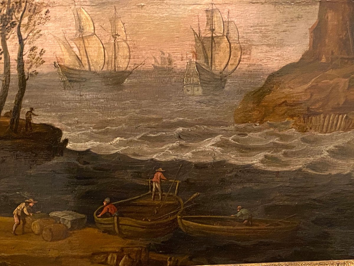 Loading Boats Oil On Panel Holland 17 Eme Century-photo-3