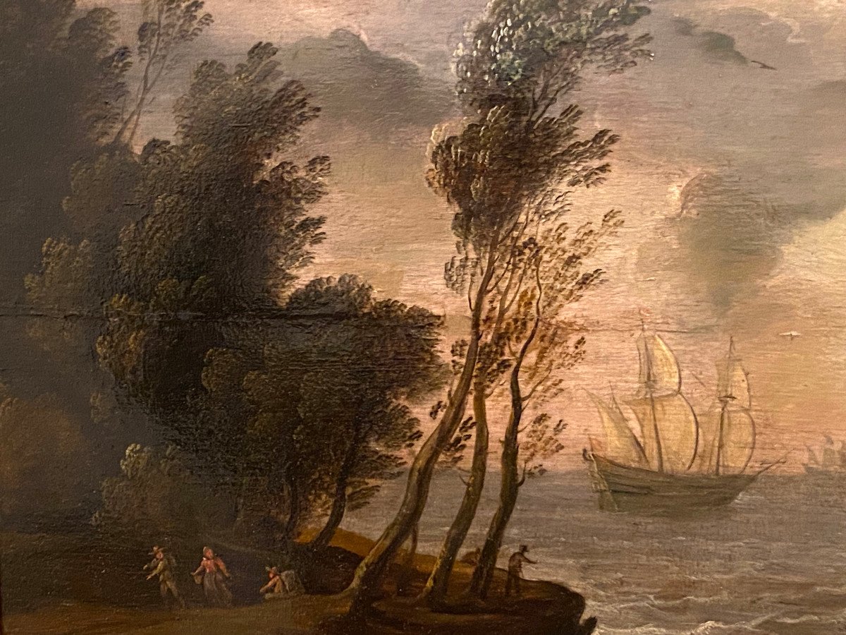 Loading Boats Oil On Panel Holland 17 Eme Century-photo-1