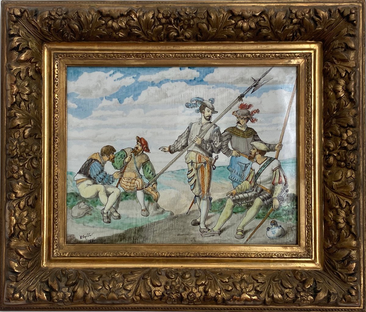 A Blois Earthenware Plaque "the King's Guards" Signed Ulysse Besnard 1886