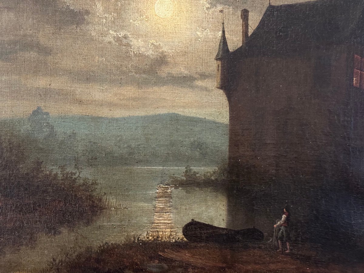 Oil On Canvas Lakeside Chateau Au Clair De Lune Circa 1830-photo-2