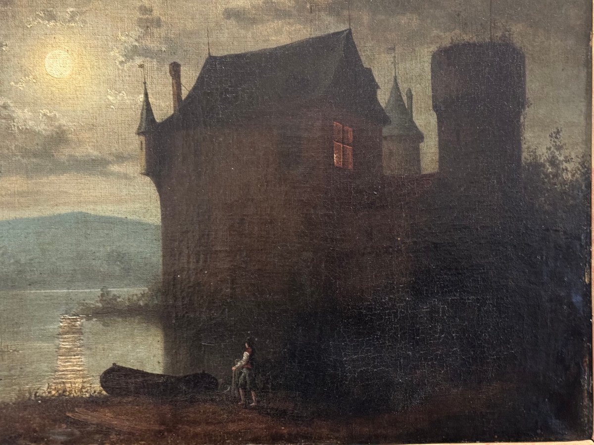 Oil On Canvas Lakeside Chateau Au Clair De Lune Circa 1830-photo-3