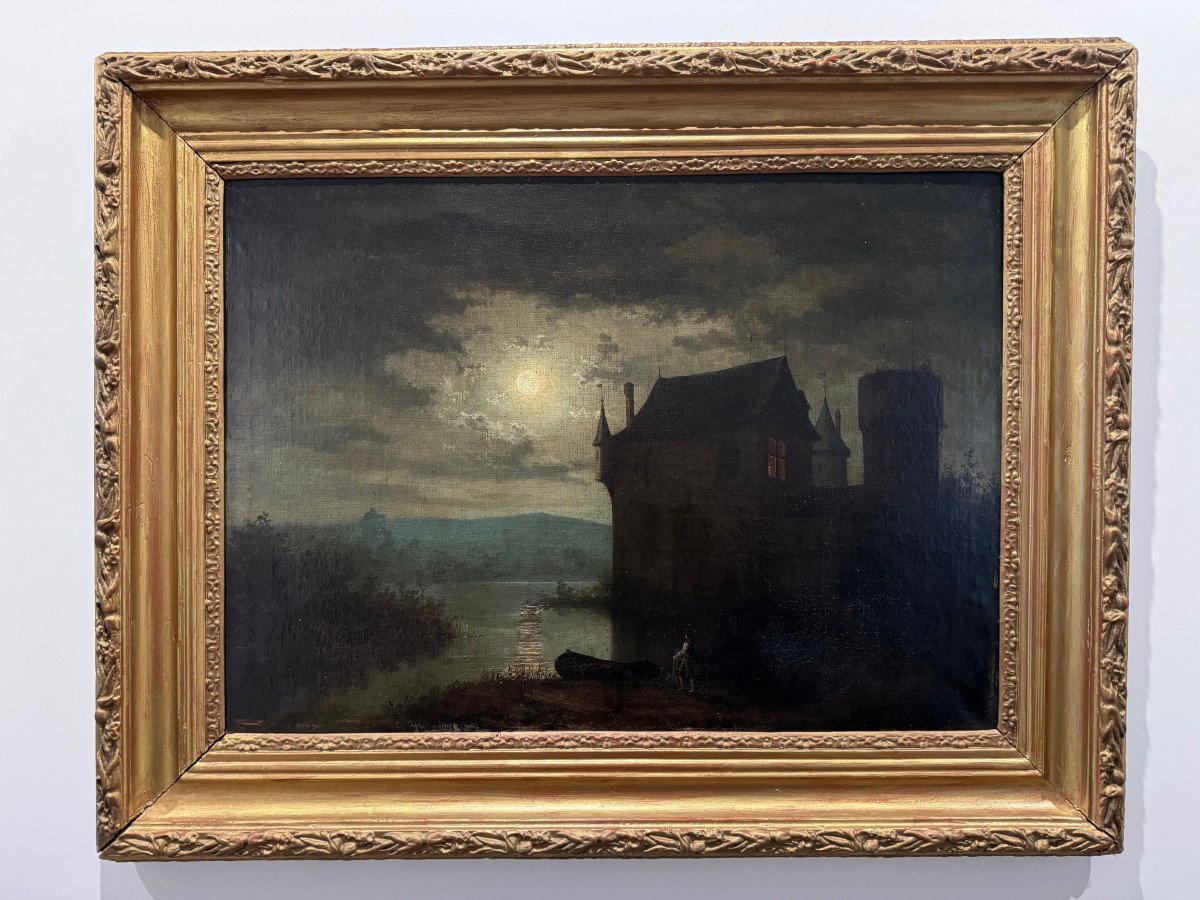 Oil On Canvas Lakeside Chateau Au Clair De Lune Circa 1830