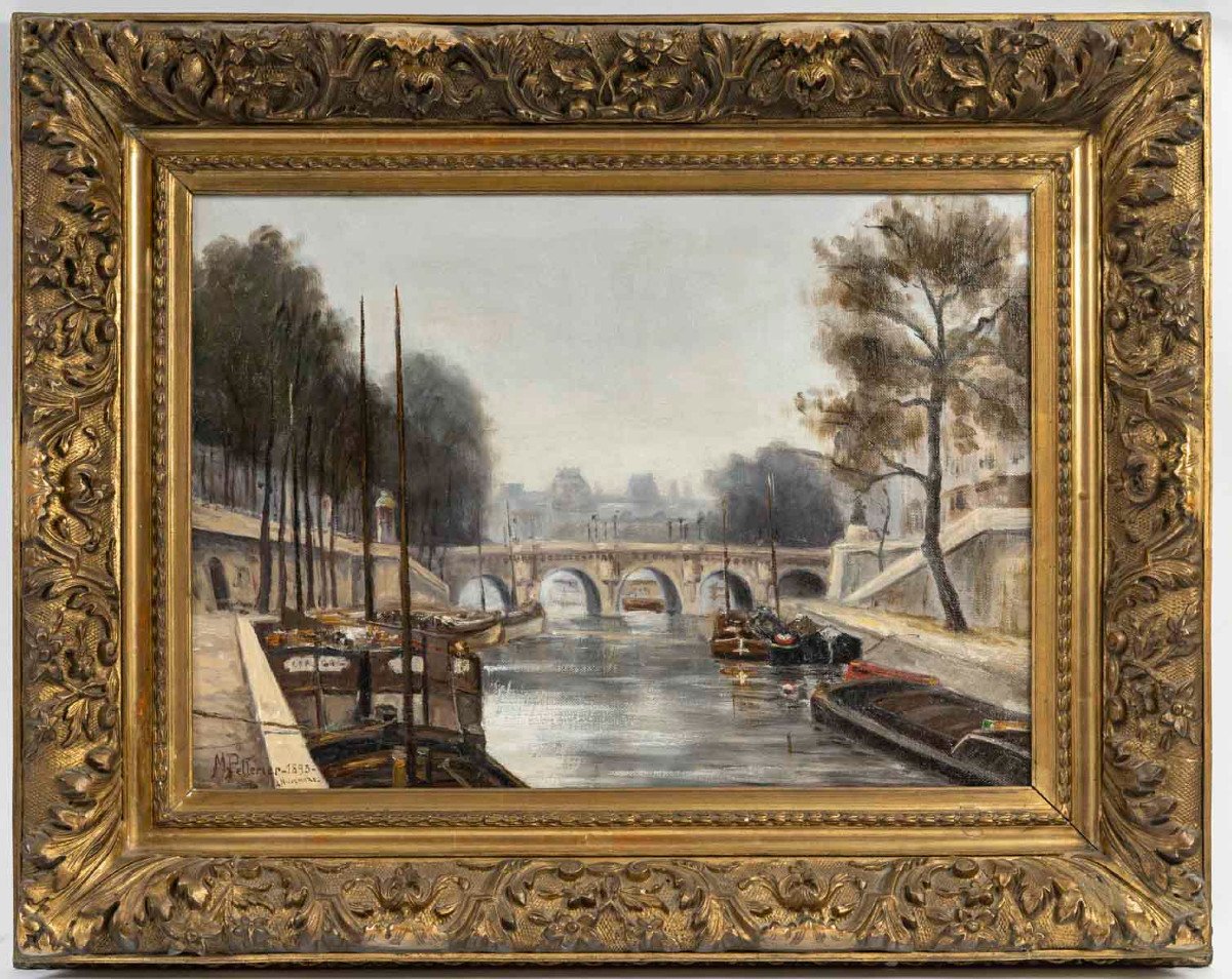 View Of The Seine In Paris Signed M. Pellerier
