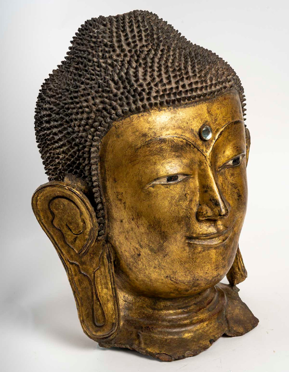 An Important Buddha Head In Gilded Dry Lacquer-photo-2