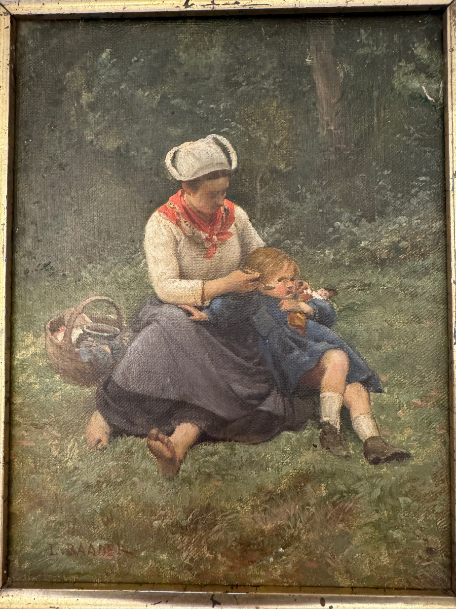 "mere et fille ,le gouter " huile sur toile signéé L.Baader-photo-3