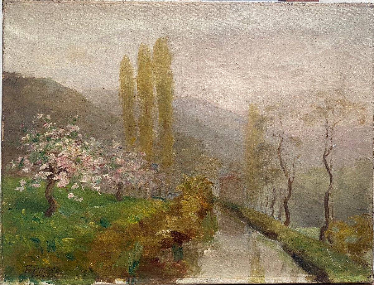 Oil On Canvas Landscape With The Canal Signed Brush