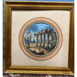 A Pair Of 18 Eme Century Gouaches Decorated With Ancient Ruins