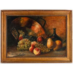 Huile Sur Toile Nature Morte A La Bassine Et Raisins Signée Brunel Neuville