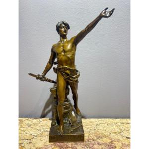 A Bronze With Patina “civic Duty” Medal Signed Eugéne Marioton Height 40cm