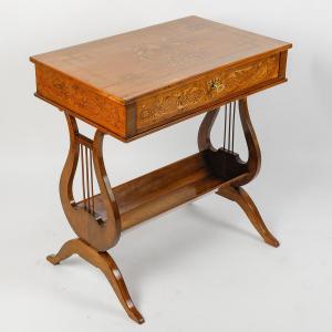 A Worker Table In Marquetry, Lyre Sides 19 Eme Century