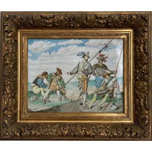 Une Plaque en faience de blois " les gardes du roi" signée ulysse Besnard 1886