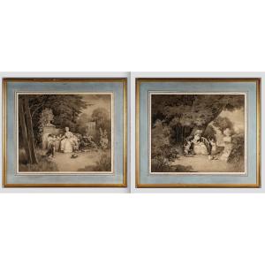 A Pair Of Ink Washes: Children Playing In A Park Monogrammed Jd
