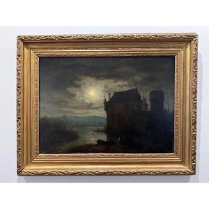 Oil On Canvas Lakeside Chateau Au Clair De Lune Circa 1830