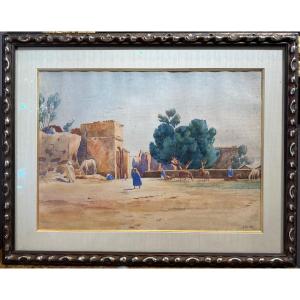 A Large Orientalist Watercolor Signed J.ch 1927