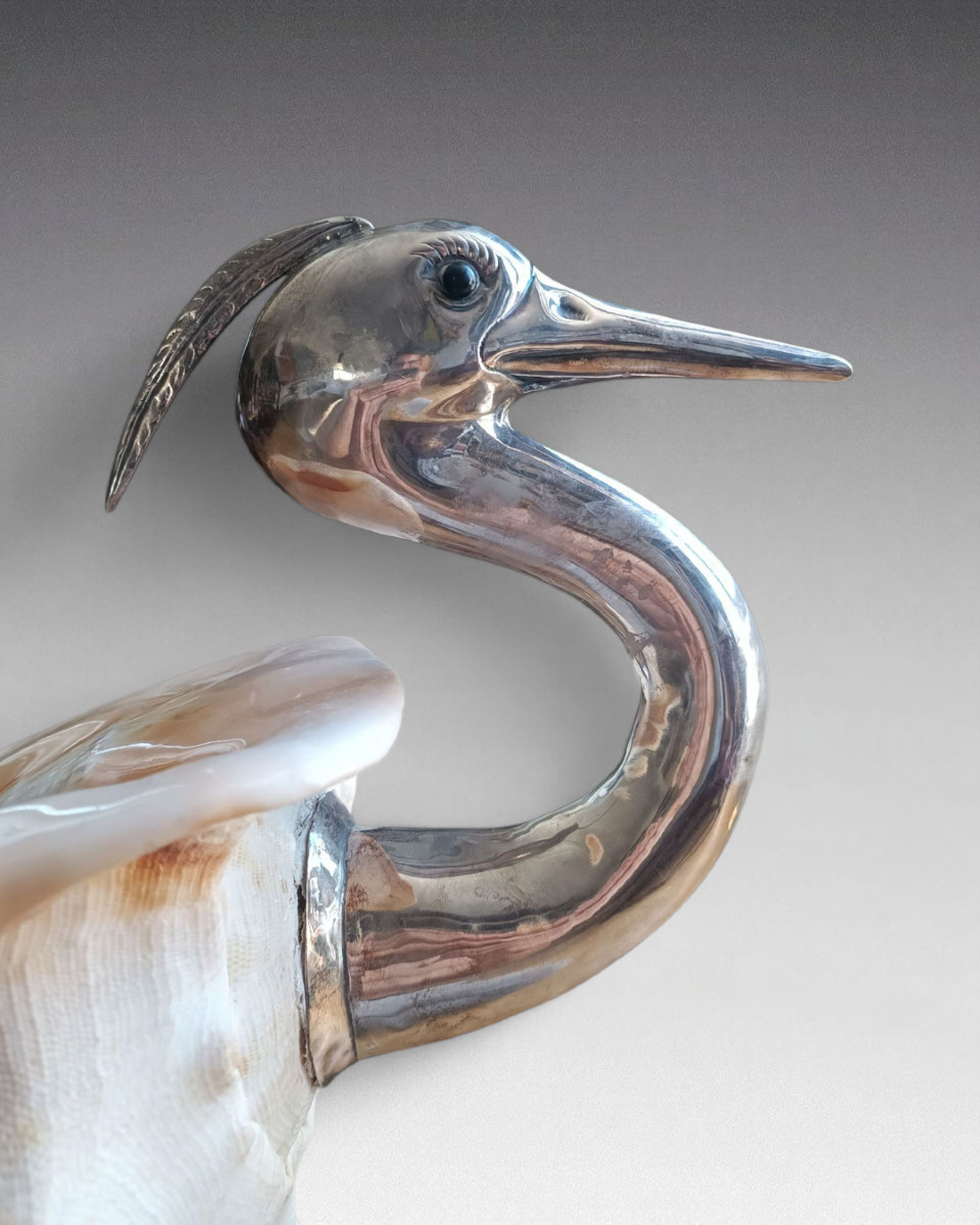 Gabriella Binazzi - Large Cornuta Shell Mounted On A Silver-plated Metal Heron-photo-2