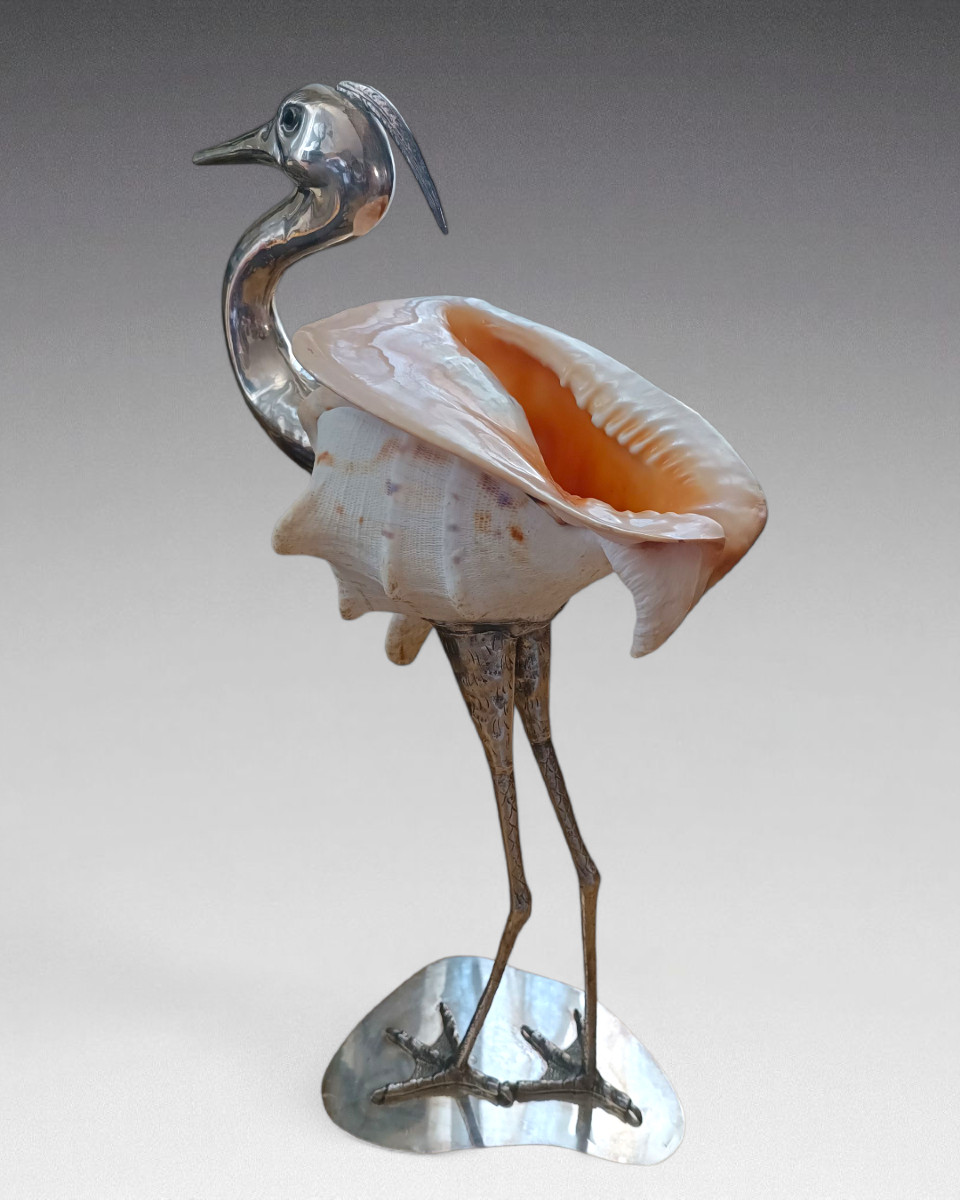 Gabriella Binazzi - Large Cornuta Shell Mounted On A Silver-plated Metal Heron