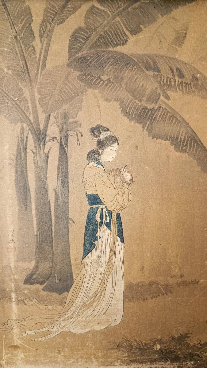 Paravent en bois peint, à 4 feuilles, avec estampes japonaises. (vers 1930)-photo-2