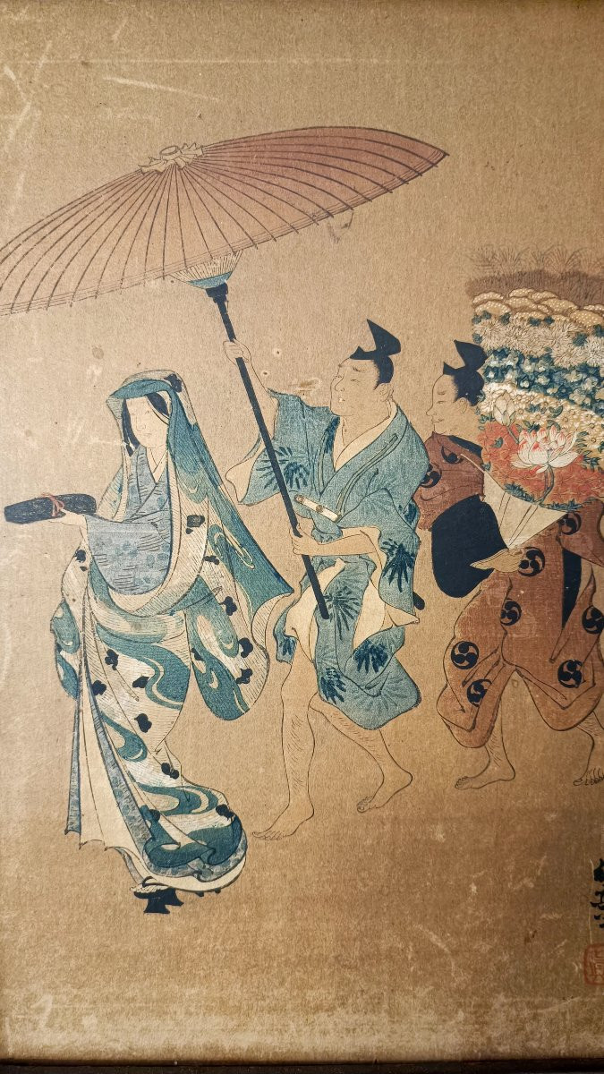 Paravent en bois peint, à 4 feuilles, avec estampes japonaises. (vers 1930)-photo-7