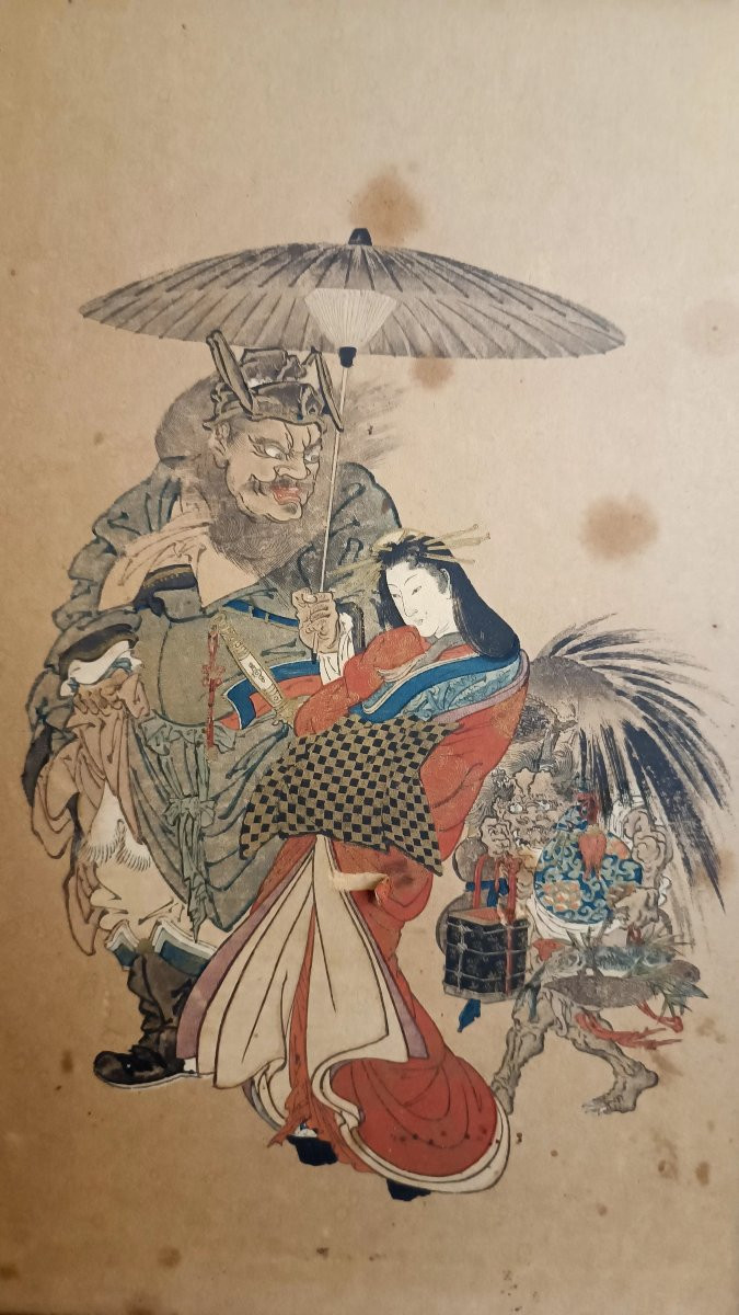 Paravent en bois peint, à 4 feuilles, avec estampes japonaises. (vers 1930)-photo-8