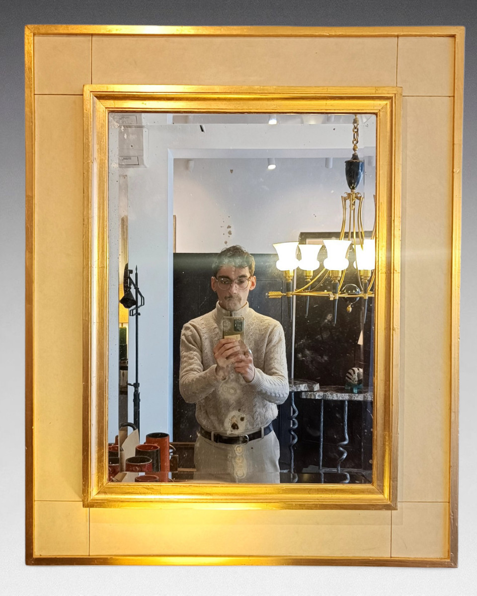 Miroir en bois doré et skaï (vers 1950)-photo-2
