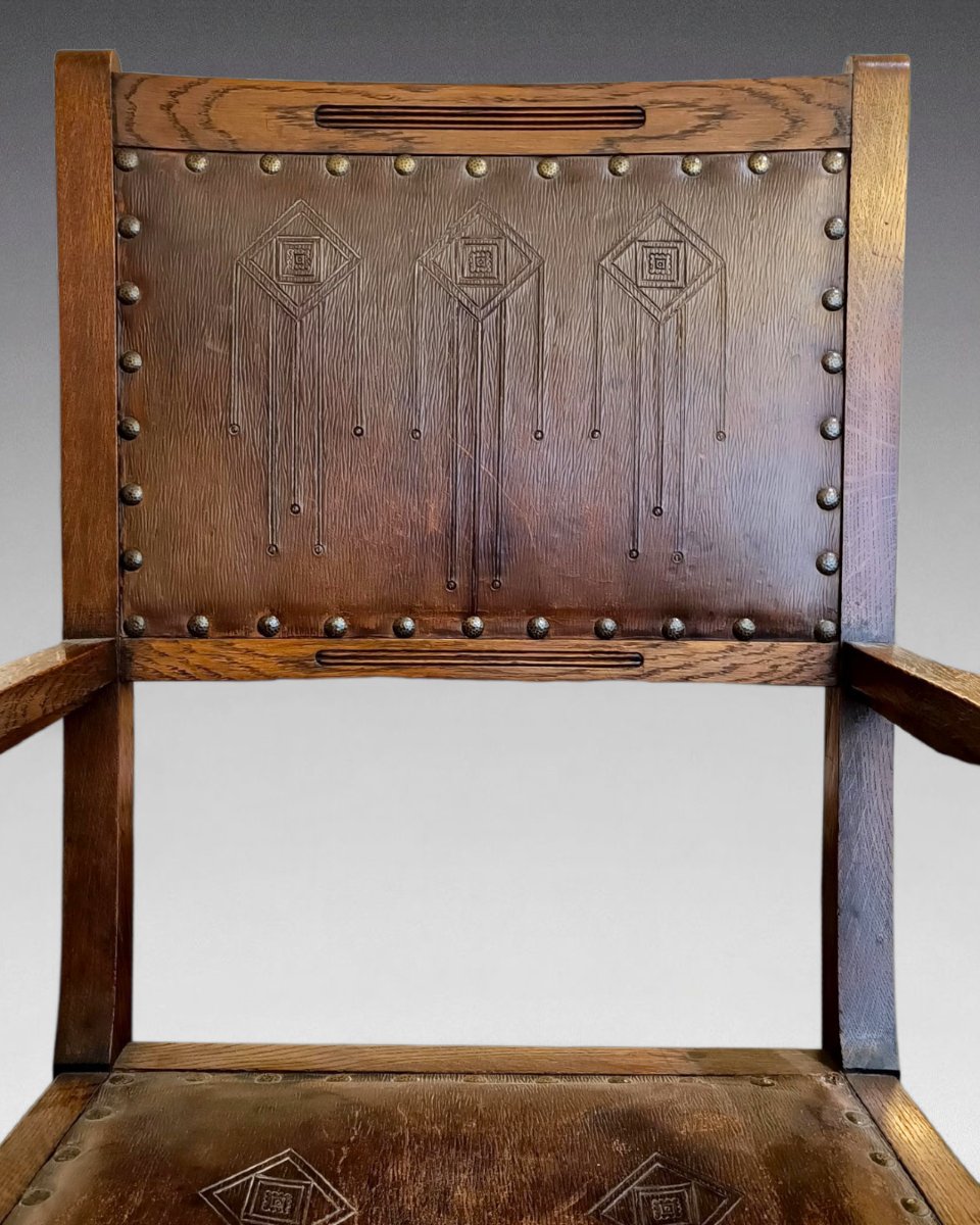 Oak Armchair, Original Leather. Art Nouveau (circa 1900)-photo-4