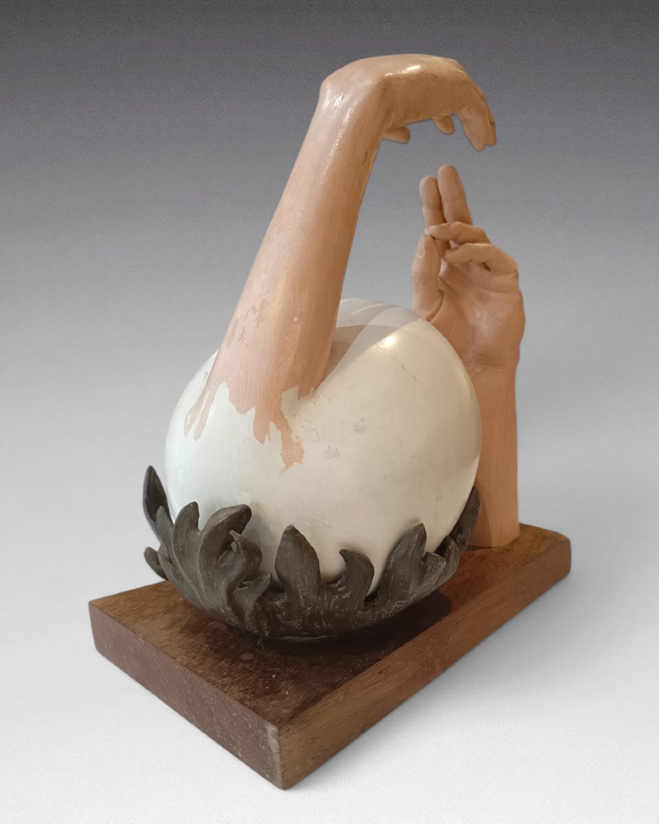 Surrealist Sculpture In Painted Metal (egg; Hands) - Unidentified Signature-photo-4